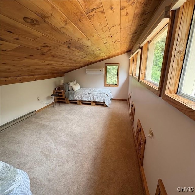 1708 Bonney Rd, Hamilton, NY 13346 - unfurnished bedroom featuring wood ceiling, lofted ceiling, a wall mounted air conditioner, carpet flooring, and baseboard heating