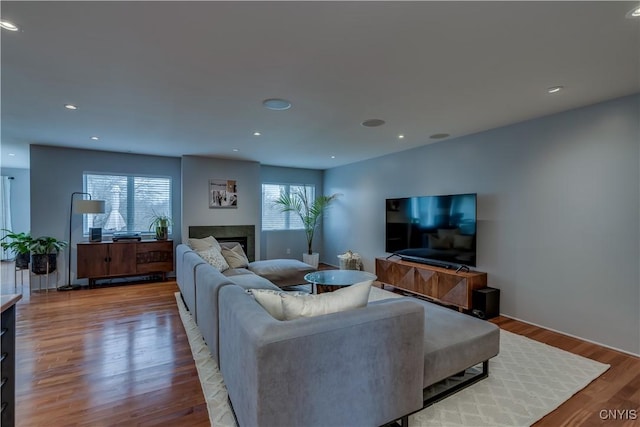 1348 Sunset Rdg, Watertown-Town, NY 13601 - living room featuring a fireplace, wood finished floors, and recessed lighting