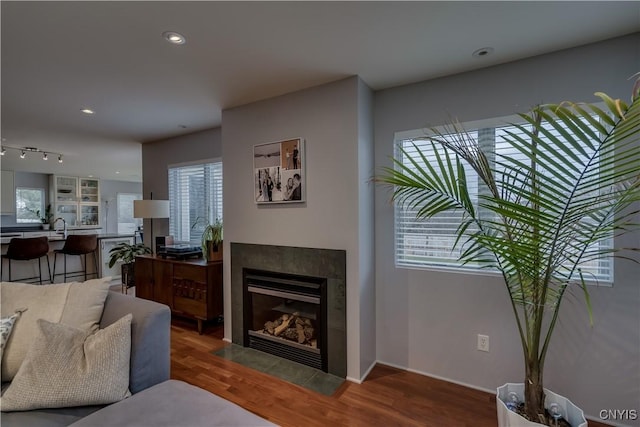 1348 Sunset Rdg, Watertown-Town, NY 13601 - living room with a fireplace, wood finished floors, and recessed lighting