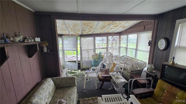 9407 Lakeshore View Rd, Sullivan, NY 13037 - living room featuring vaulted ceiling and wooden walls