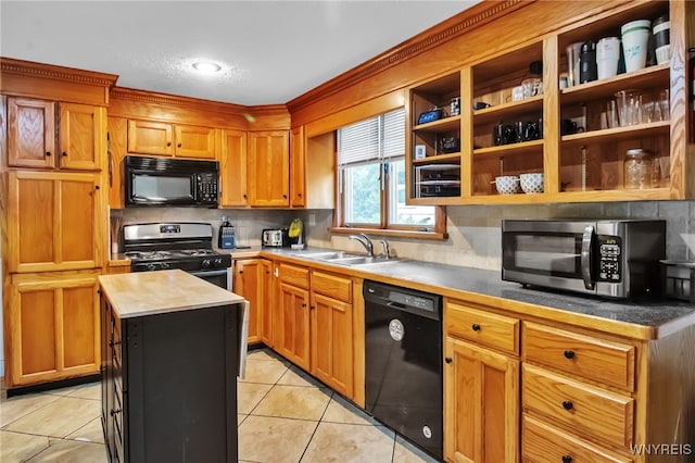 18 Bader Ave, Collins, NY 14070 - kitchen featuring black appliances, light tile patterned floors, backsplash, and open shelves