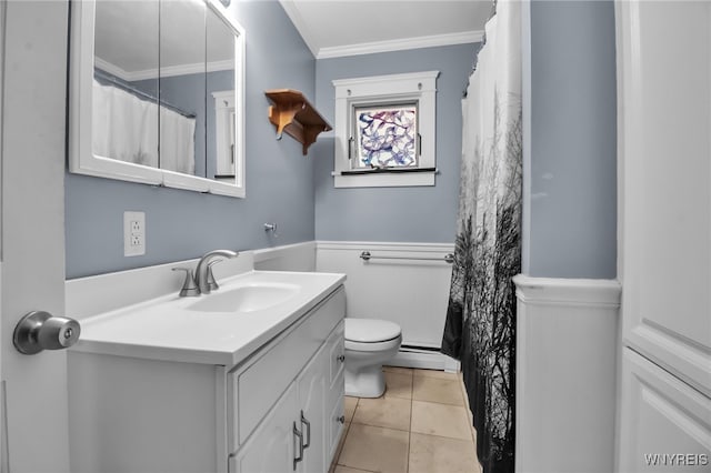 18 Bader Ave, Collins, NY 14070 - bathroom with vanity, baseboard heating, crown molding, and tile patterned flooring