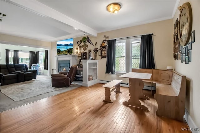 18 Bader Ave, Collins, NY 14070 - living area featuring wood-type flooring, beam ceiling, and a warm lit fireplace
