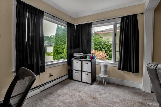 18 Bader Ave, Collins, NY 14070 - office area featuring light colored carpet, a baseboard heating unit, and ornamental molding