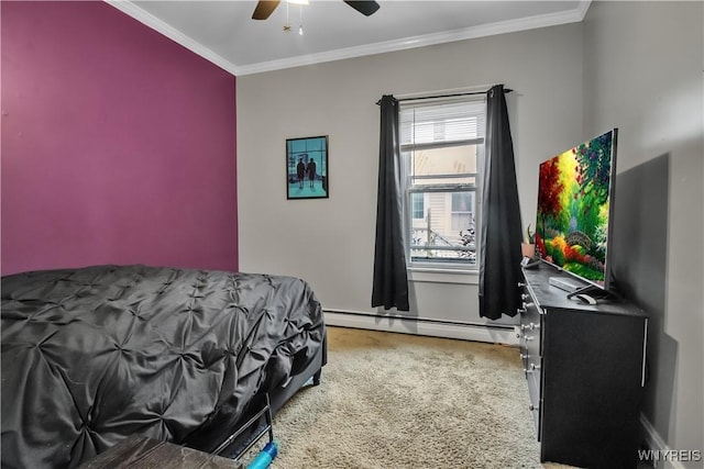 18 Bader Ave, Collins, NY 14070 - carpeted bedroom with a baseboard radiator, crown molding, and ceiling fan
