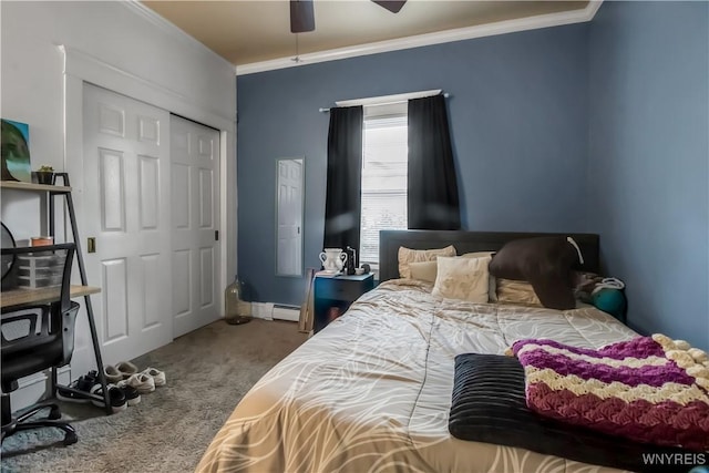 18 Bader Ave, Collins, NY 14070 - bedroom with carpet flooring, a closet, ornamental molding, and a ceiling fan