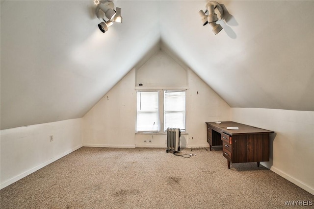 132 Ryan St, Buffalo, NY 14210 - additional living space with radiator heating unit, carpet floors, vaulted ceiling, and a ceiling fan