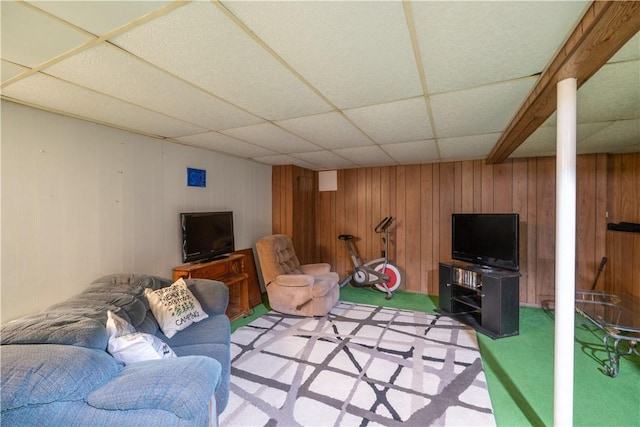 207 County Road 7, Manchester, NY 14432 - living room with a drop ceiling, wooden walls, and light colored carpet