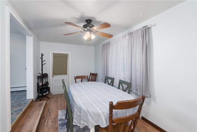 207 County Road 7, Manchester, NY 14432 - dining area featuring a baseboard heating unit, a ceiling fan, and wood finished floors