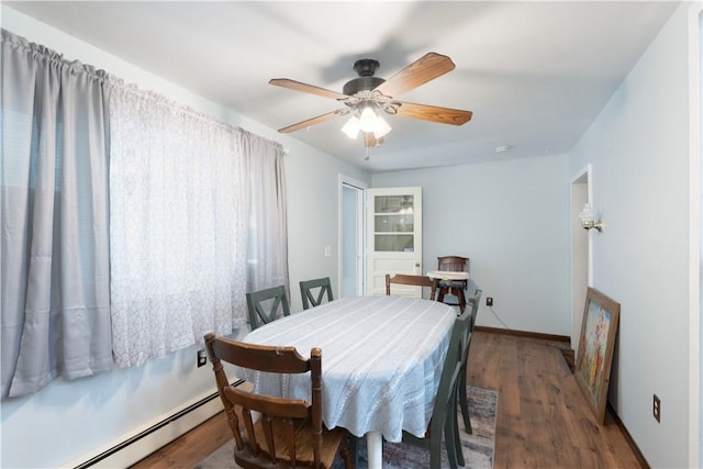 207 County Road 7, Manchester, NY 14432 - dining room featuring a baseboard heating unit, wood finished floors, and a ceiling fan