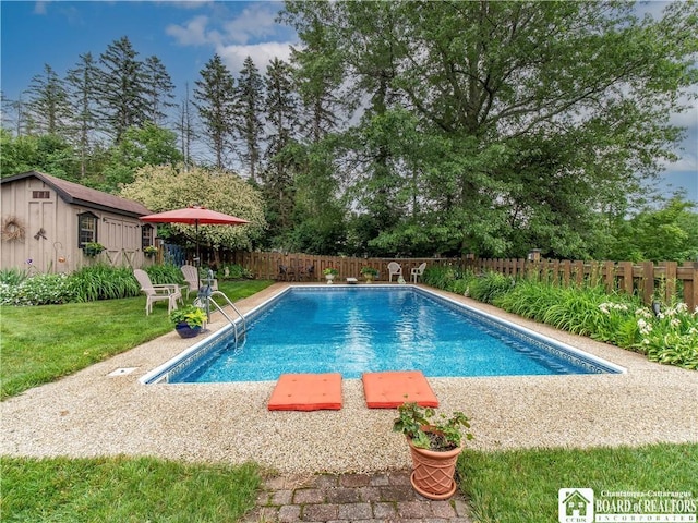 4627 Anderson Dr, Ellery, NY 14712 - view of pool with a fenced backyard, a shed, and view of wooded area