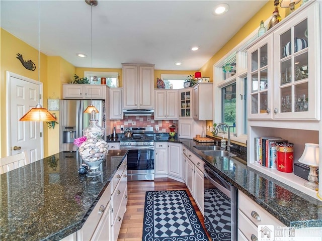 4627 Anderson Dr, Ellery, NY 14712 - kitchen with stainless steel appliances, under cabinet range hood, decorative light fixtures, glass insert cabinets, and backsplash