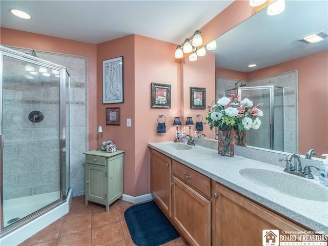 4627 Anderson Dr, Ellery, NY 14712 - full bathroom with double vanity, a shower stall, and tile patterned flooring