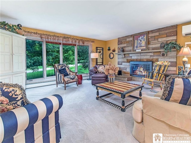 4627 Anderson Dr, Ellery, NY 14712 - living area with carpet, a stone fireplace, a wall mounted AC, and a baseboard radiator