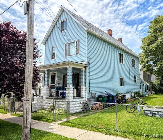 134 Hamburg St, Buffalo, NY 14204 - view of front of house featuring covered porch, a chimney, a fenced front yard, and a gate