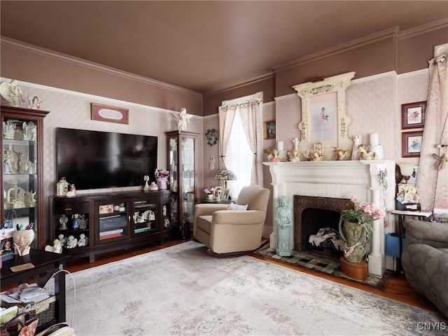 303 Mullin St, Watertown-City, NY 13601 - living room featuring wood finished floors, crown molding, and a fireplace with flush hearth