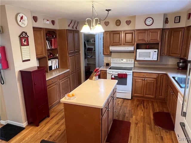 412 County Route 62, Sandy Creek, NY 13142 - kitchen with white appliances, under cabinet range hood, light wood-style flooring, and light countertops