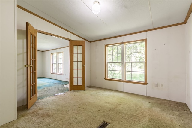 223 N Vine Valley Rd, Middlesex, NY 14544 - carpeted spare room with french doors, vaulted ceiling, and crown molding