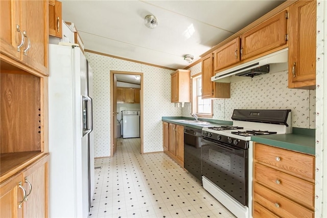 223 N Vine Valley Rd, Middlesex, NY 14544 - kitchen featuring white appliances, wallpapered walls, washer / dryer, crown molding, and under cabinet range hood