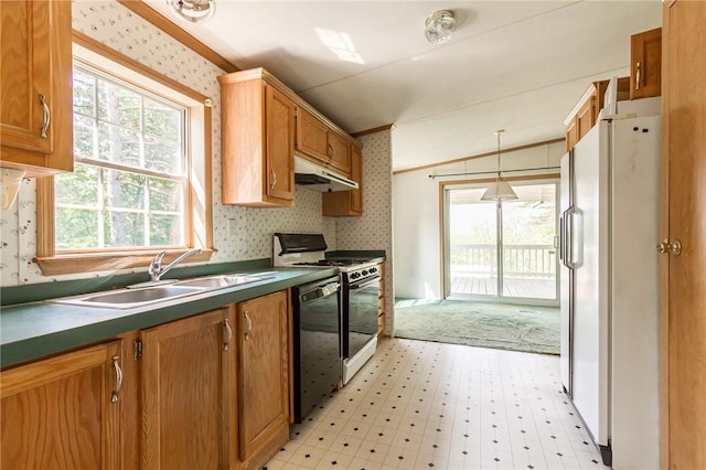 223 N Vine Valley Rd, Middlesex, NY 14544 - kitchen featuring freestanding refrigerator, wallpapered walls, dishwasher, stove, and ornamental molding