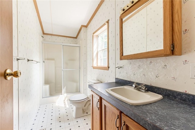 223 N Vine Valley Rd, Middlesex, NY 14544 - full bath with crown molding, wallpapered walls, a shower with door, vanity, and tile patterned floors