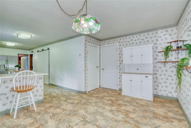 1541 Shoecraft Rd, Penfield, NY 14526 - kitchen with stainless steel fridge with ice dispenser, crown molding, wallpapered walls, white cabinets, and light countertops
