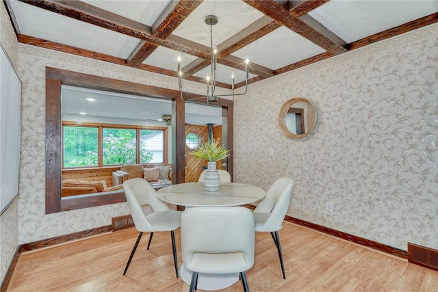 1541 Shoecraft Rd, Penfield, NY 14526 - dining space featuring light wood-type flooring, wallpapered walls, coffered ceiling, and beam ceiling