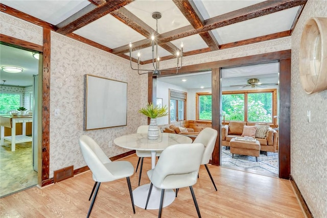 1541 Shoecraft Rd, Penfield, NY 14526 - dining space with wood finished floors, plenty of natural light, coffered ceiling, wallpapered walls, and beam ceiling