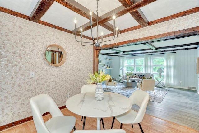 1541 Shoecraft Rd, Penfield, NY 14526 - dining area featuring coffered ceiling, wood finished floors, beam ceiling, wallpapered walls, and a chandelier