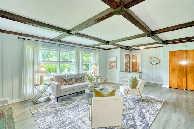 1541 Shoecraft Rd, Penfield, NY 14526 - living room featuring wood finished floors, beam ceiling, and coffered ceiling