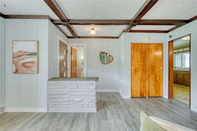 1541 Shoecraft Rd, Penfield, NY 14526 - unfurnished living room with wood finished floors, beam ceiling, and coffered ceiling