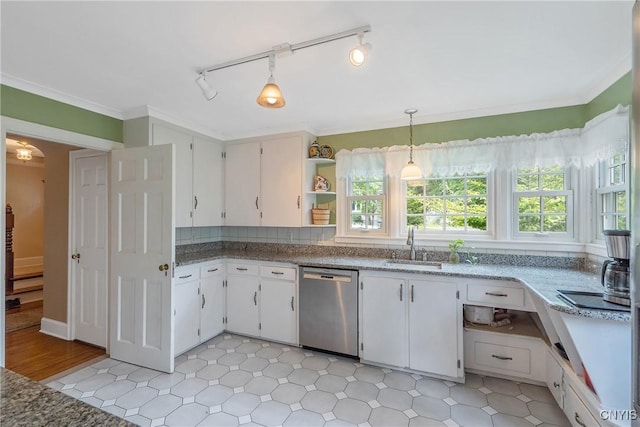 2 Morton Rd, Dewitt, NY 13214 - kitchen featuring dishwasher, open shelves, white cabinets, pendant lighting, and ornamental molding