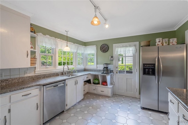 2 Morton Rd, Dewitt, NY 13214 - kitchen with appliances with stainless steel finishes, open shelves, white cabinetry, decorative light fixtures, and dark stone counters