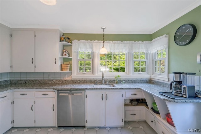 2 Morton Rd, Dewitt, NY 13214 - kitchen featuring dishwasher, open shelves, white cabinets, ornamental molding, and decorative light fixtures