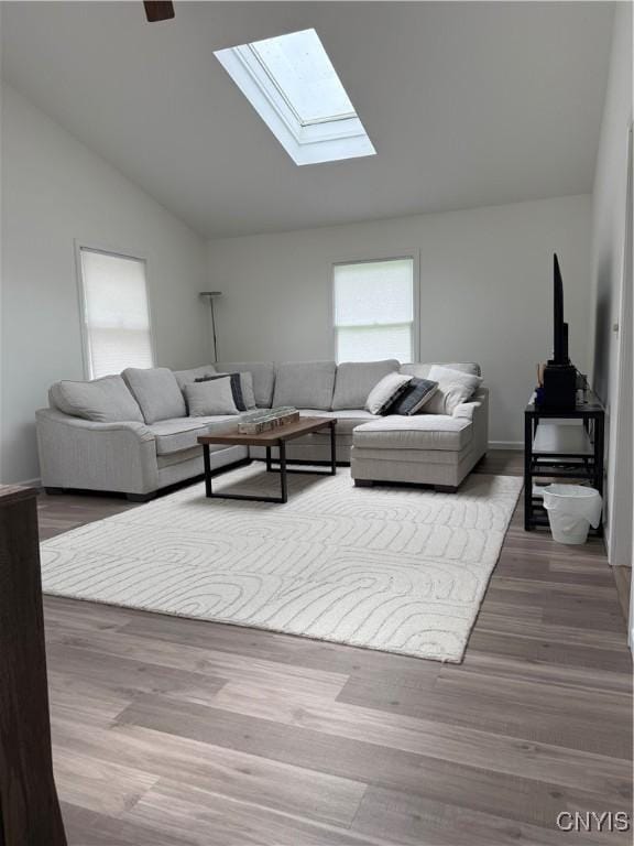 10 Montgomery St, Hamilton, NY 13346 - living room with lofted ceiling, a skylight, and wood finished floors