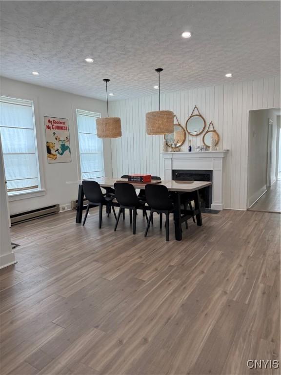 10 Montgomery St, Hamilton, NY 13346 - dining space with a baseboard heating unit, wood finished floors, recessed lighting, and a fireplace