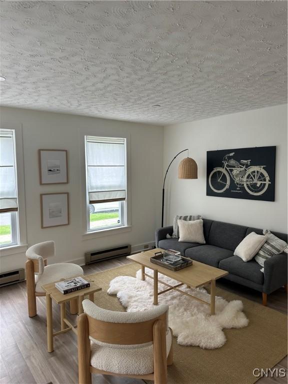 10 Montgomery St, Hamilton, NY 13346 - living area with baseboard heating, a textured ceiling, plenty of natural light, and light wood-type flooring