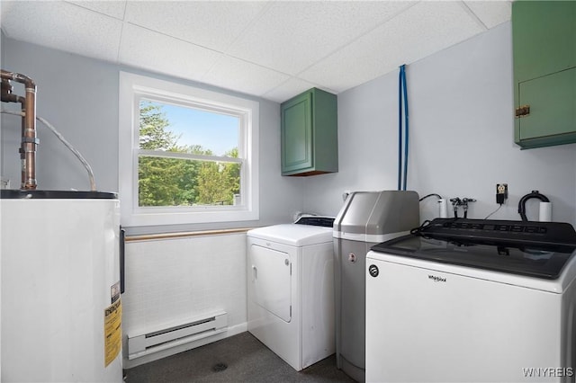 2540 Snyder Rd, Orangeville, NY 14167 - laundry room featuring a baseboard radiator, electric water heater, cabinet space, washing machine and dryer, and dark colored carpet