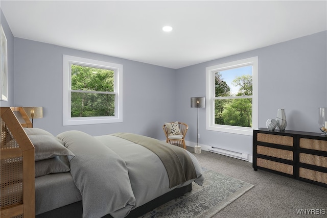 2540 Snyder Rd, Orangeville, NY 14167 - bedroom featuring a baseboard heating unit, multiple windows, carpet flooring, and recessed lighting