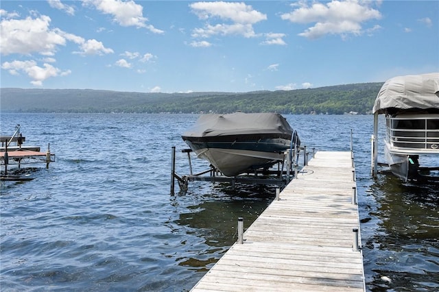 8479 Princeton St, Richmond, NY 14471 - dock area featuring boat lift, a water view, and a wooded view