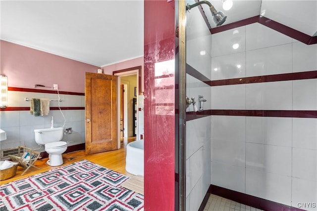 151 Edgehill Rd, Syracuse, NY 13224 - full bath with tile walls, a shower with shower door, and wood finished floors