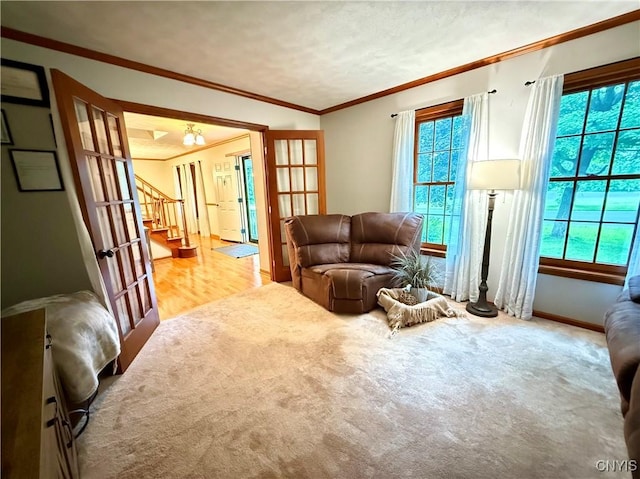 550 Sayles St, Oneida-Inside, NY 13421 - carpeted living room with stairway and crown molding