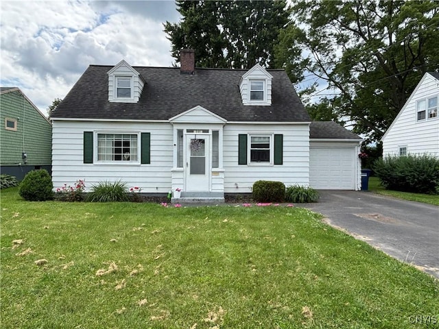 301 Loma Ave, Syracuse, NY 13208 - cape cod-style house with a chimney, a front yard, a detached garage, and roof with shingles