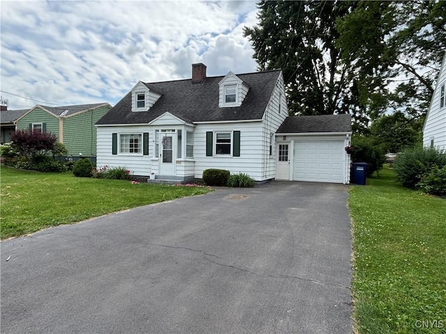 301 Loma Ave, Syracuse, NY 13208 - new england style home with a garage, a chimney, asphalt driveway, a front yard, and a shingled roof