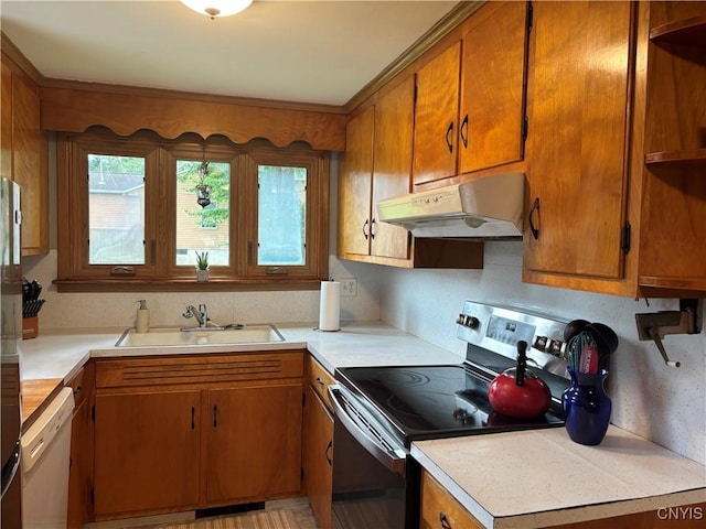 301 Loma Ave, Syracuse, NY 13208 - kitchen with stainless steel range with electric cooktop, under cabinet range hood, white dishwasher, and brown cabinets