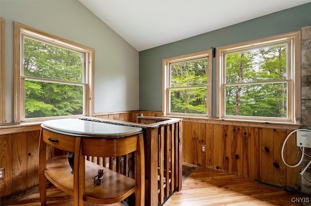 146 Mohawk Dr W, Webb, NY 13420 - dining space with vaulted ceiling, wainscoting, light wood finished floors, and wood walls