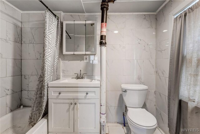 86 Deshler St, Buffalo, NY 14212 - bathroom featuring shower / bath combination with curtain, vanity, crown molding, and tile walls