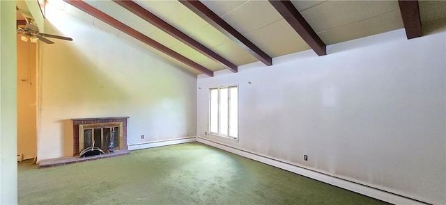 34 Crestview Dr W, Southport, NY 14871 - unfurnished living room with beamed ceiling, a fireplace, baseboard heating, ceiling fan, and high vaulted ceiling