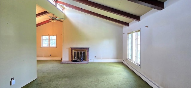 34 Crestview Dr W, Southport, NY 14871 - unfurnished living room with a baseboard heating unit, beam ceiling, carpet, a fireplace, and ceiling fan