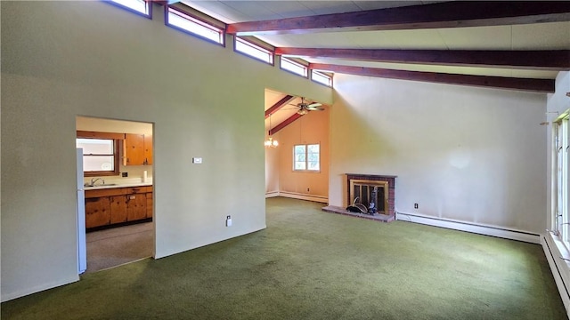 34 Crestview Dr W, Southport, NY 14871 - unfurnished living room with a baseboard radiator, a baseboard heating unit, dark colored carpet, beam ceiling, and a fireplace